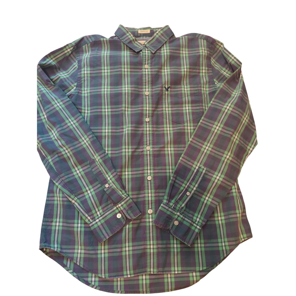 American Eagle Outfitters Mens Large Athletic Fit Plaid Button Down Shirt Green